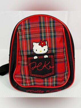 Vtg Hello Kitty Sanrio Red Plaid Small Backpack Purse Zipper Bag Pocket 9” 2001